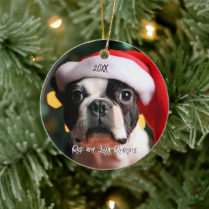 Cute Boston Terrier med jultomten jul Julgransprydnad Keramik