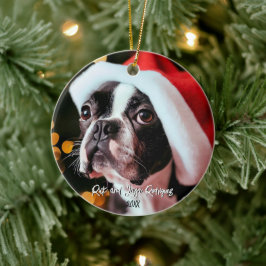 Cute Boston Terrier med Oversized Santa Hat Julgransprydnad Keramik