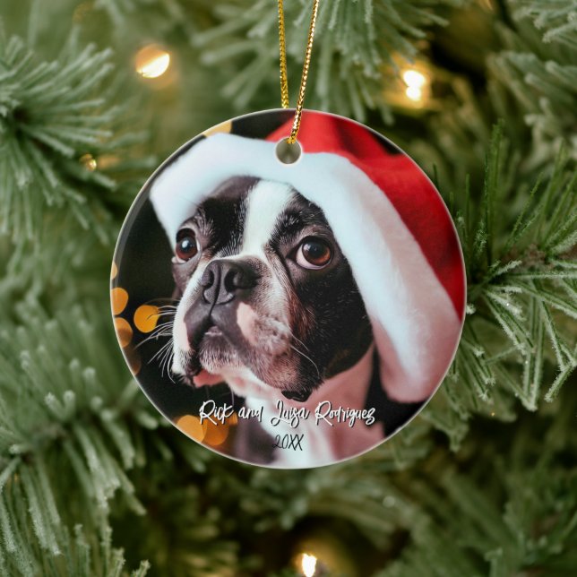 Cute Boston Terrier med Oversized Santa Hat Julgransprydnad Keramik (Träd)