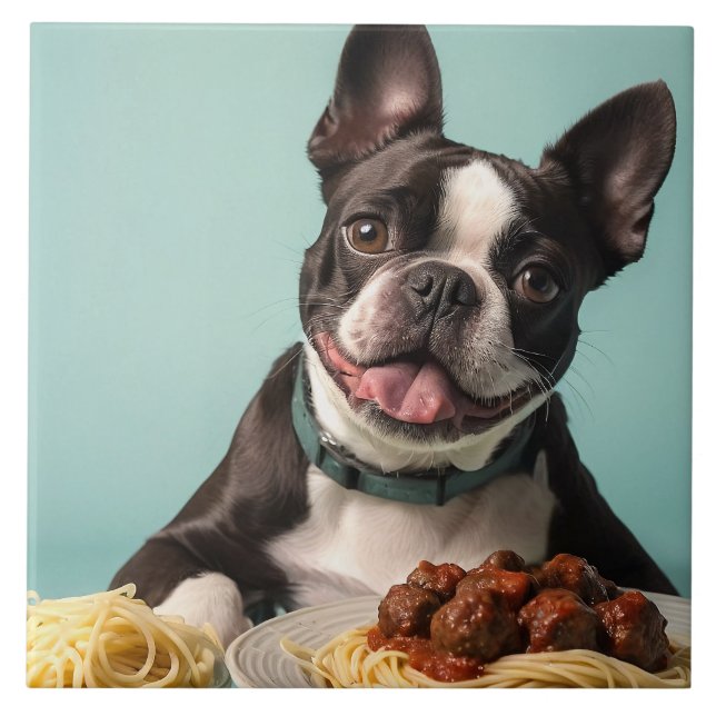 Cute Boston Terrier med spaghetti Bolognaise Kakelplatta (Framsidan)