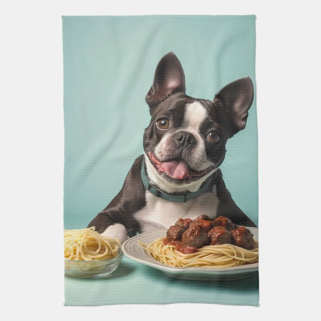 Cute Boston Terrier med spaghetti Bolognaise Kökshandduk (Vertikal)