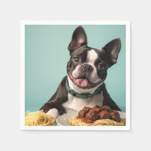 Cute Boston Terrier med spaghetti Bolognaise Pappersservett