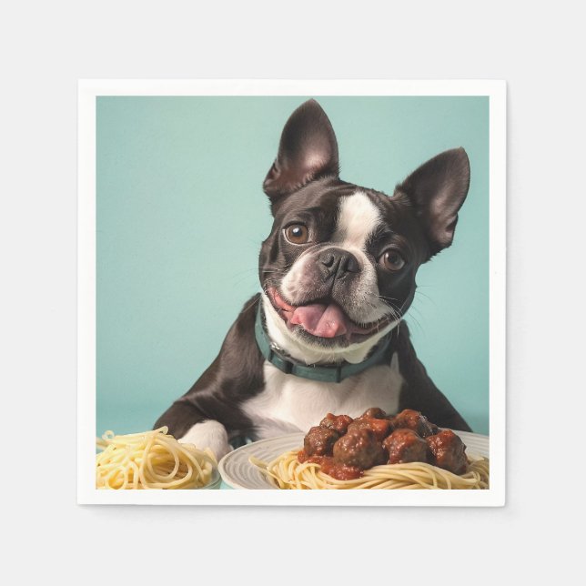 Cute Boston Terrier med spaghetti Bolognaise Pappersservett (Framsidan)