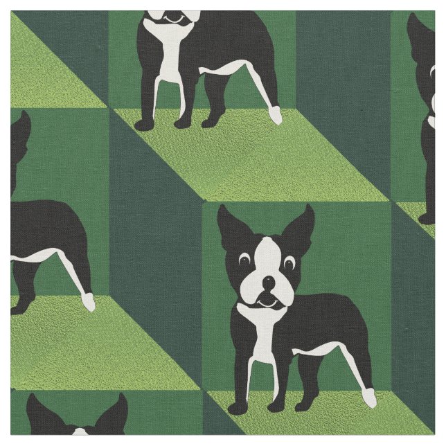 Cute Boston Terrier på Grönt Cubes Tyg (Närbild)