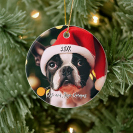 Cute Boston Terrier Puppy med Santa Hat Julgransprydnad Keramik
