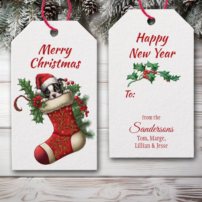 Cute Boston Terrier Puppy Peeking Presentetikett (Skapare uppladdad)