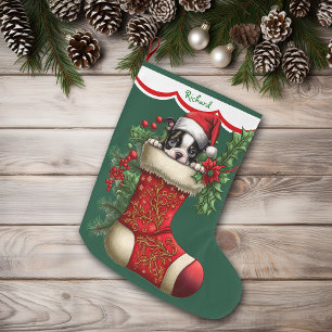 Cute Boston Terrier Puppy Peeking Stor Julstrumpa