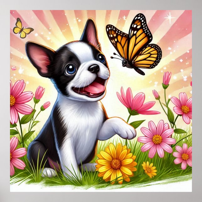 Cute Boston Terrier Puppy som spelar med fjäril Poster (Framsidan)