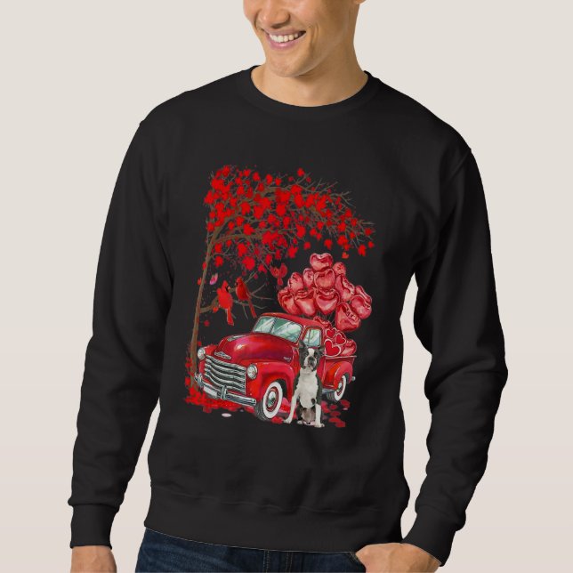 Cute Boston Terrier Valentine Tree - Dogs Hearts T Lång Ärmad Tröja (Framsida)