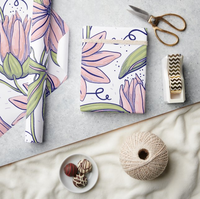 Cute botaniska blommor rosa och grönt l Tillfälle Presentpapper (Hantverk)