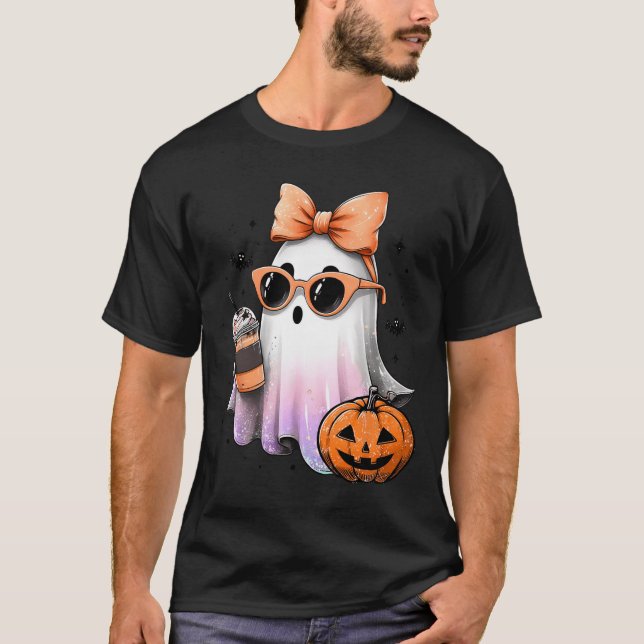 Cute Bougie Ghost Coffee Pumpkin Spooky Season Hal T Shirt (Framsida)