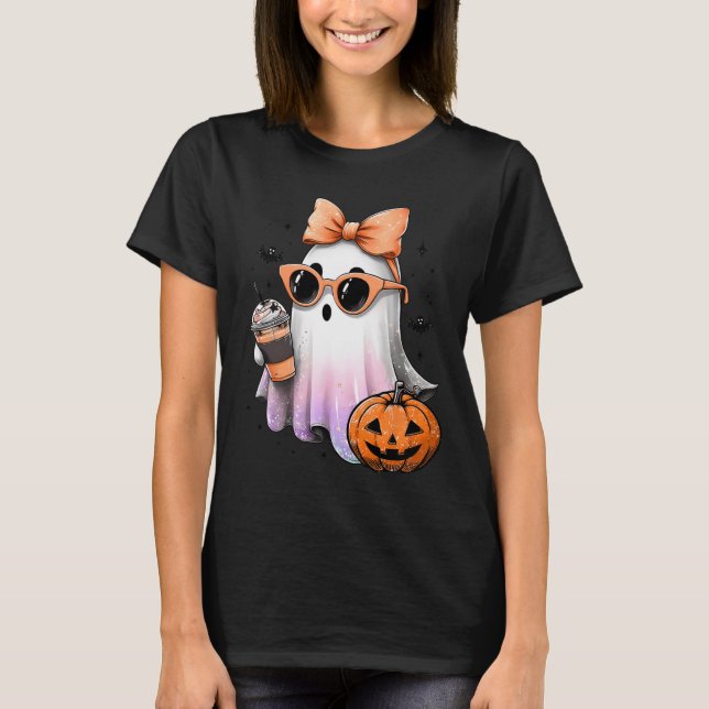 Cute Bougie Ghost Coffee Pumpkin Spooky Season Hal T Shirt (Framsida)