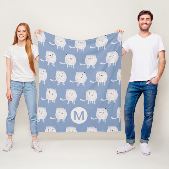 Cute Bouncing White Cat Pattern Monogram Blue Fleecefilt (På plats)