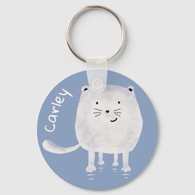 Cute Bouncing White Cat Personalised Nyckelring (Framsida)