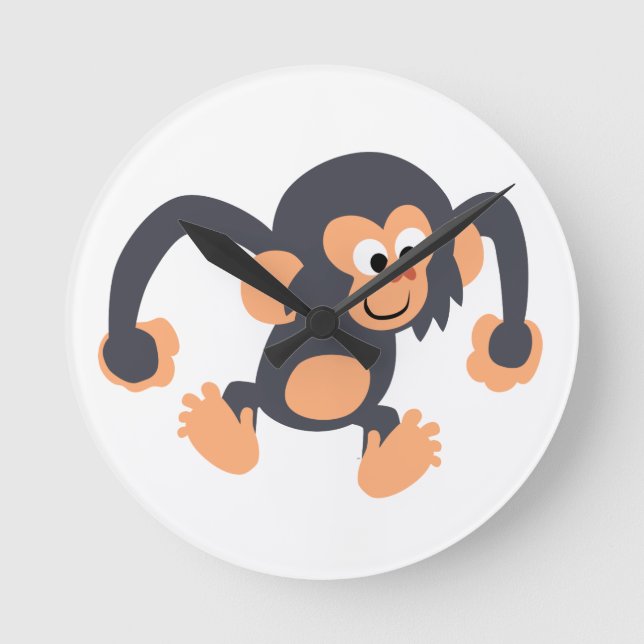 Cute Bouncy Tecknad Chimpanzans Wall Clock Rund Klocka (Framsida)