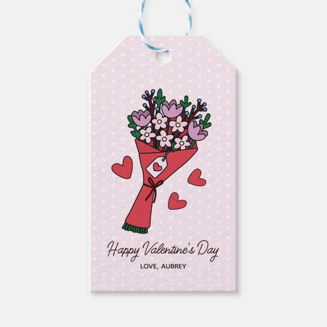 Cute Bouquet Hearts Polka Dot Valentines day Presentetikett (Framsidan)