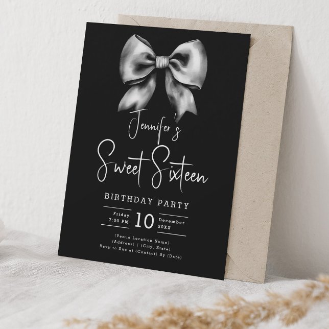 Cute Bow Coquette-skript, söt 16 Party svart Inbjudningar (Cute Bow Coquette Script Sweet 16 Party Black Invitation)