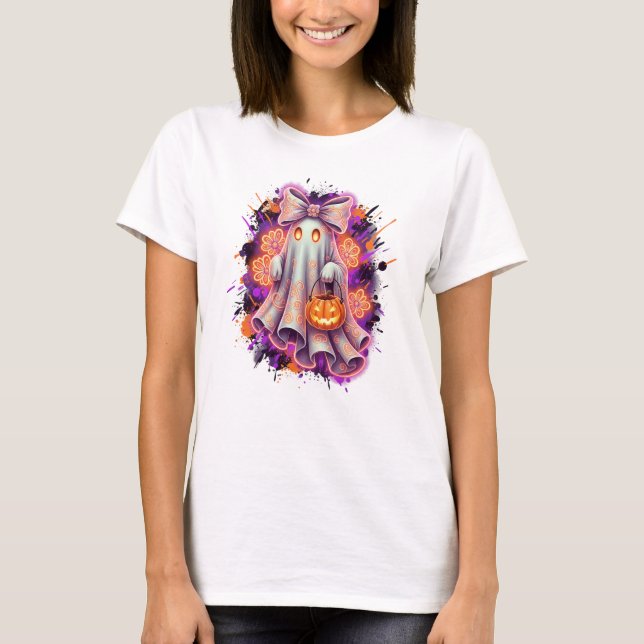Cute Bow Ghost Pumpkin Halloween Shirt T (Framsida)