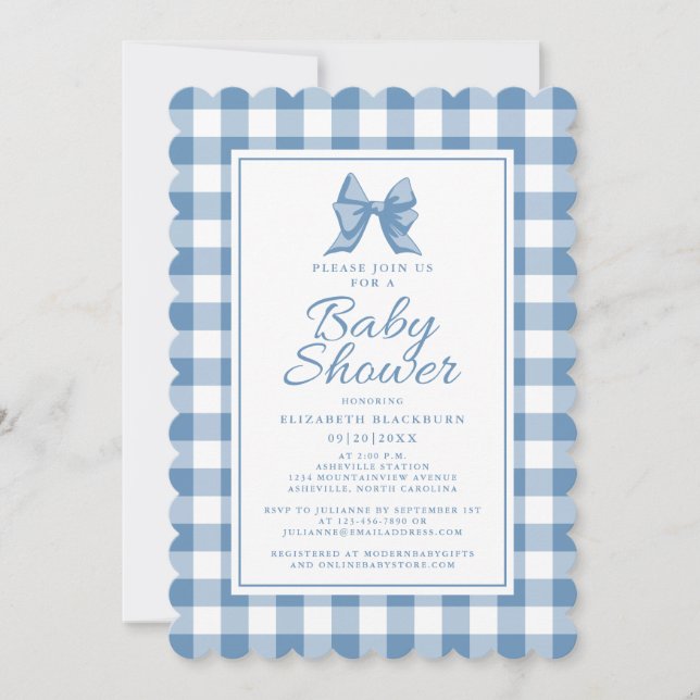 Cute Bow Pastel Blue & White Gingham Check Mönster Inbjudningar (Framsida)