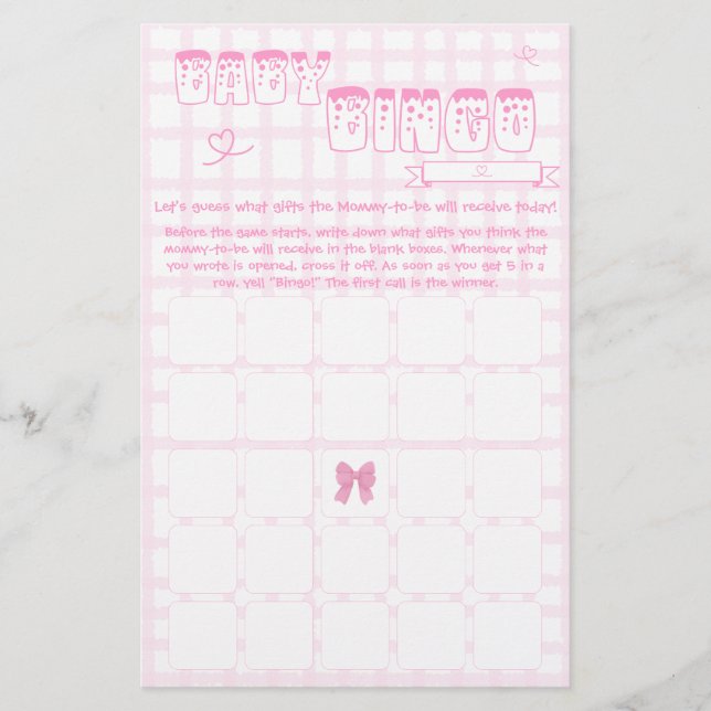 Cute Bow Pastel Rosa Gingham Baby Bingo Game Flyer (Framsida)