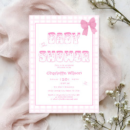 Cute Bow Pastel Rosa Gingham Baby Shower Inbjudningar