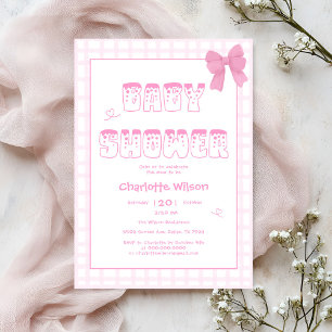 Cute Bow Pastel Rosa Gingham Baby Shower Inbjudningar