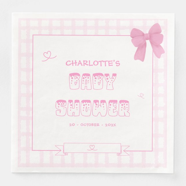 Cute Bow Pastel Rosa Gingham Baby Shower Pappersservett (Framsida)