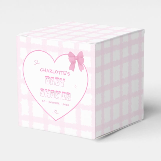 Cute Bow Pastel Rosa Gingham Baby Shower Presentaskar (Framsidan Sidan)