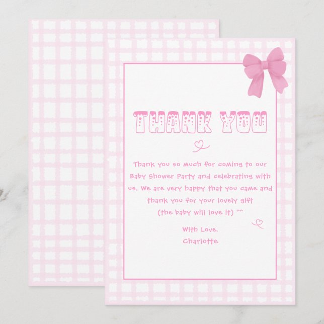 Cute Bow Pastel Rosa Gingham Baby Shower Tack Kort (Fram/baksida)