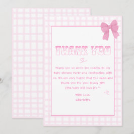 Cute Bow Pastel Rosa Gingham Baby Shower Tack Kort