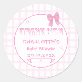 Cute Bow Pastel Rosa Gingham Baby Shower Tack Runt Klistermärke