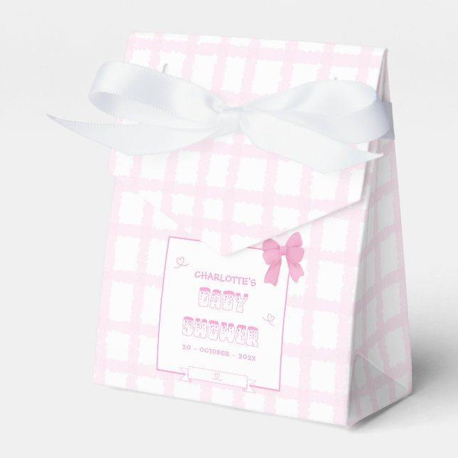 Cute Bow Pastel Rosa Gingham Baby Shower Tält Presentaskar (Framsidan Sidan)