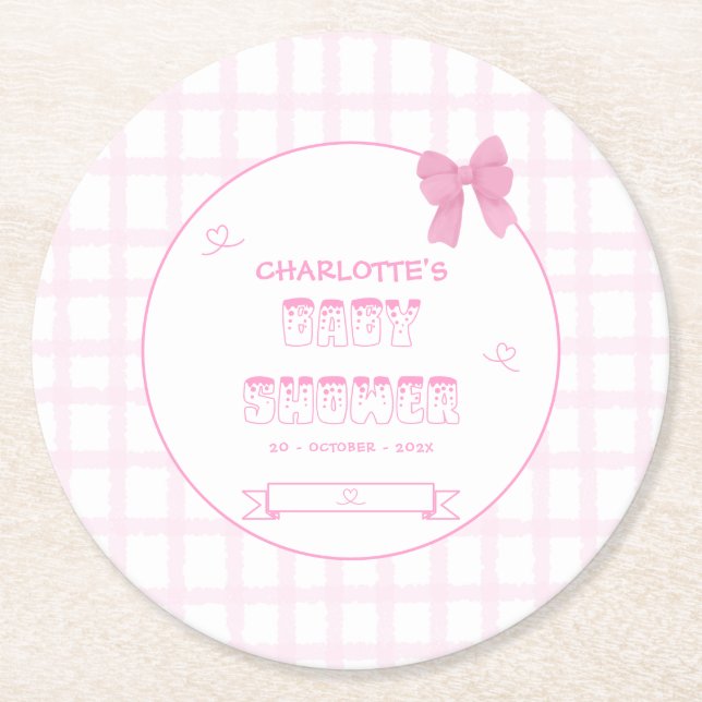 Cute Bow Pastel Rosa Gingham Baby Shower Underlägg Papper Rund (Framsidan)