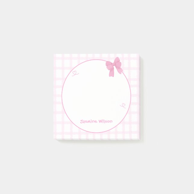 Cute Bow Pastel Rosa Gingham Post-it Block (Framsida)