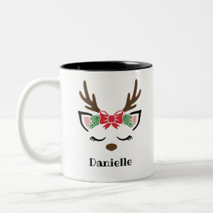 Cute Bow Reindeer Ansikte Personlig Namn Helgdag Två-Tonad Mugg