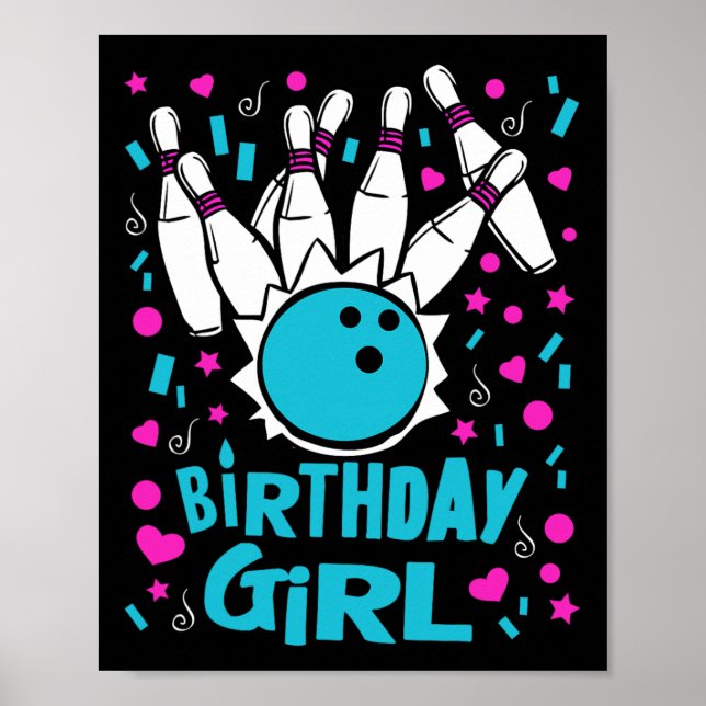 Cute Bowling Party Birthday Girl Kids Stift Bowlar Poster (Framsidan)