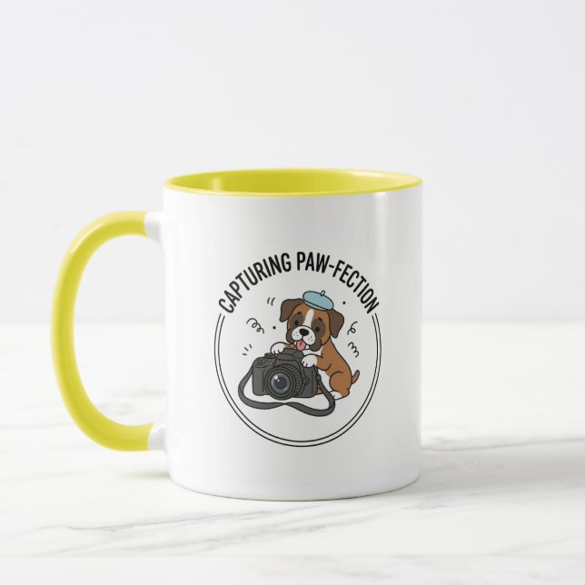 Cute Boxer Dog Photographer Cartoon Yellow Blue Mugg (Vänster)