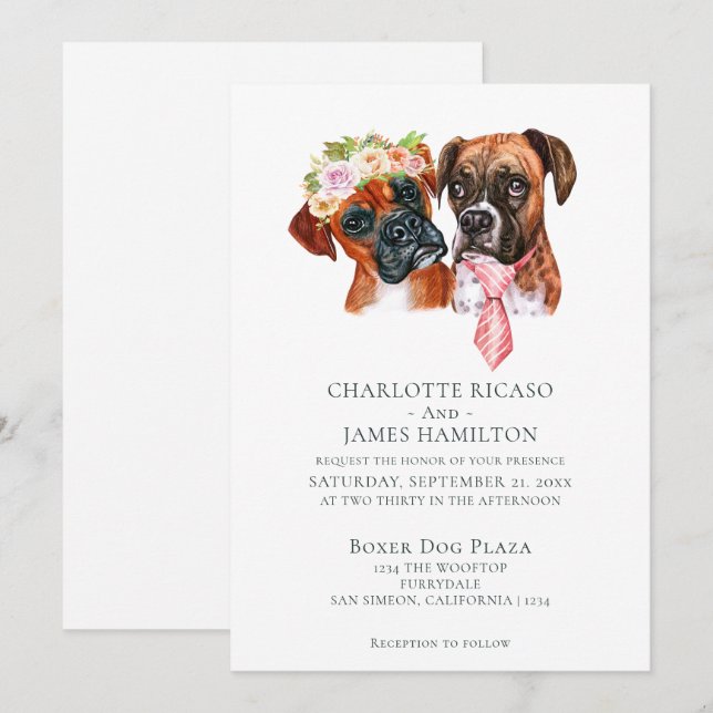 Cute Boxer Hund Bride and Groom Bröllop Inbjudningar (Fram/baksida)