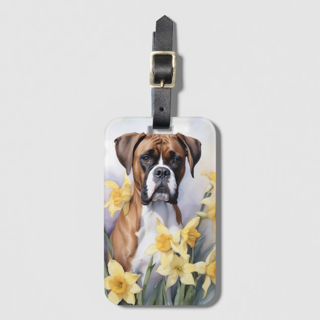 Cute Boxer-Hund med Gult Daffodils Vattenfärg Bagagebricka (Framsida vertikal)