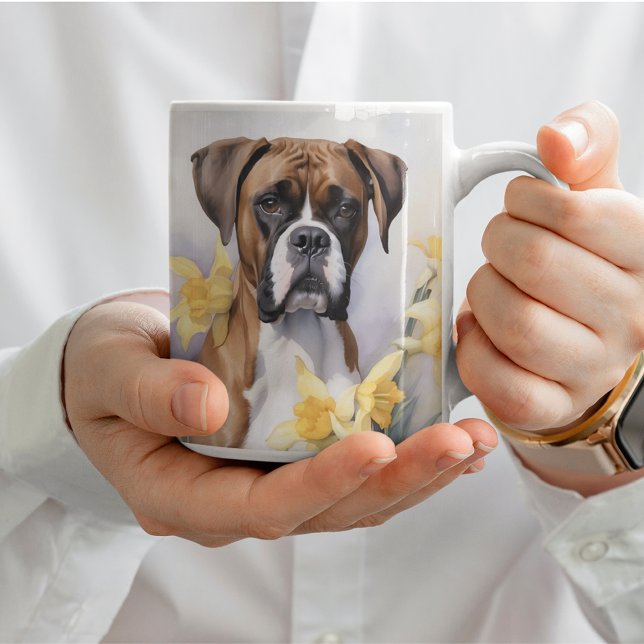 Cute Boxer-Hund med Gult Daffodils Vattenfärg Kaffemugg (Skapare uppladdad)