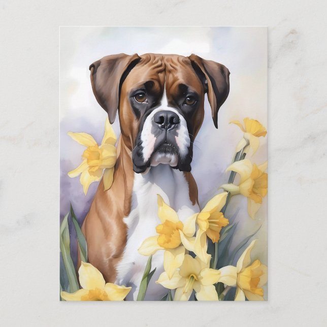 Cute Boxer-Hund med Gult Daffodils Vattenfärg Vykort (Framsida)