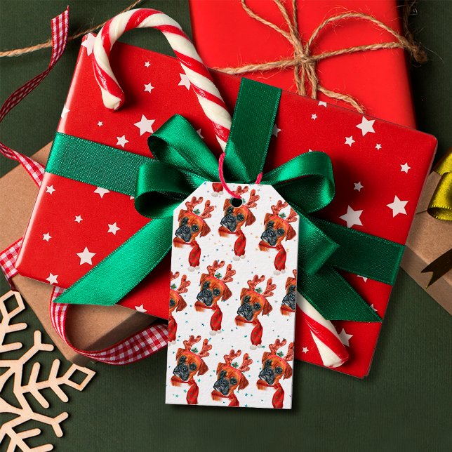 Cute Boxer Hund med Reindeer Antlers jul Presentetikett (Skapare uppladdad)