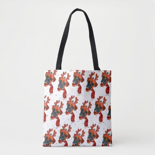 Cute Boxer Hund med Reindeer Antlers jul Tygkasse (Framsida)