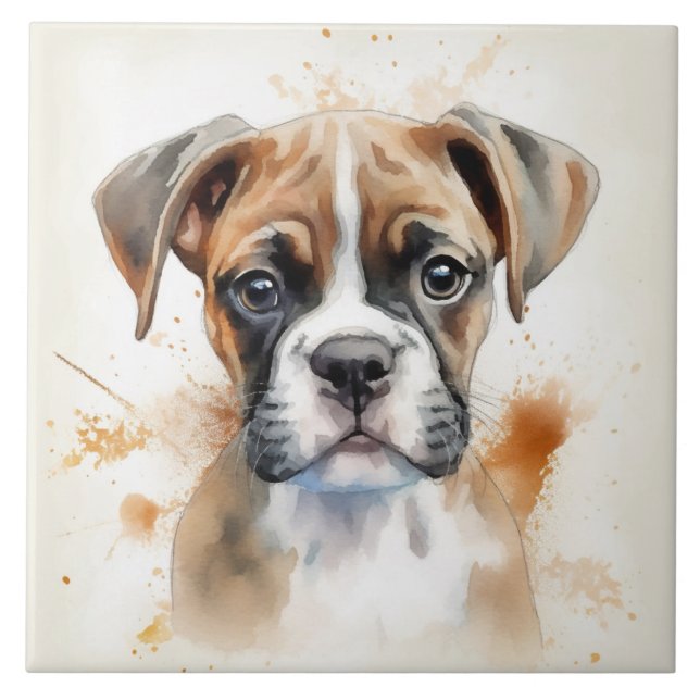 Cute Boxer Puppy Watercolor Kakelplatta (Framsidan)