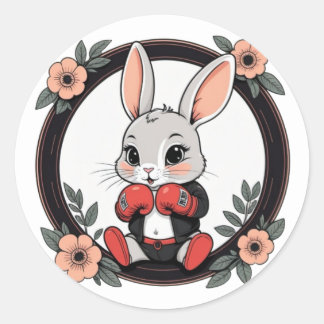 Cute Boxing Bunny med blommor Runt Klistermärke