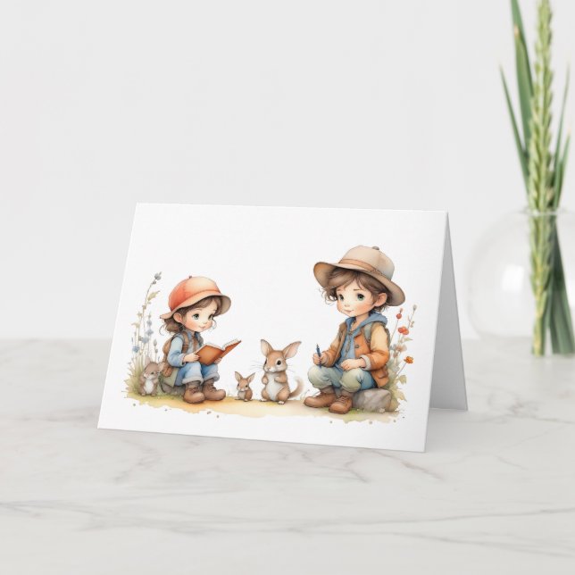 Cute Boy and Girl Reading Bok Rabbits Flowers Kort (Framsida)
