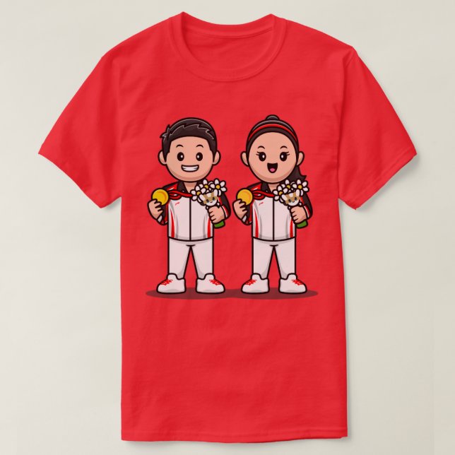 Cute Boy and Girl Winning Champion Tecknad T Shirt (Design framsida)