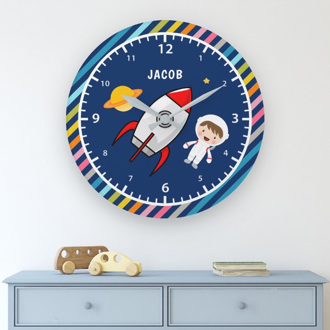 Cute Boy Astronaut Rymden Rocket Kids Rum Stor Klocka (Skapare uppladdad)