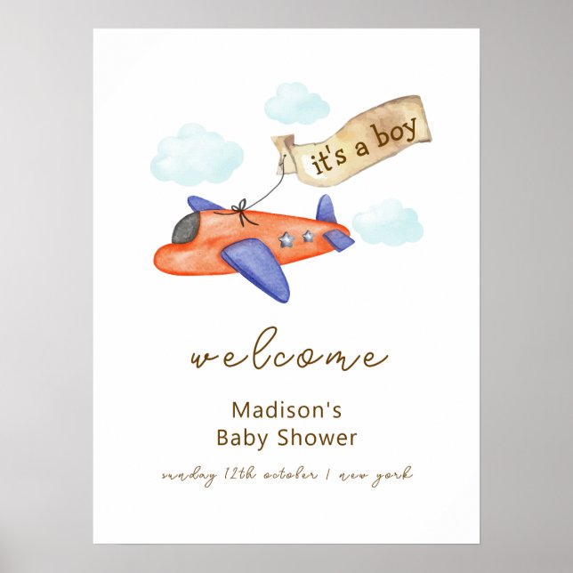 Cute Boy Aviator Airplane Baby Shower Welcome Poster (Framsidan)