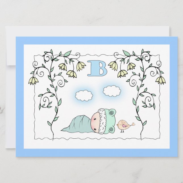 Cute Boy Baby dusch Inbjudan Baby och Bird (Framsida)